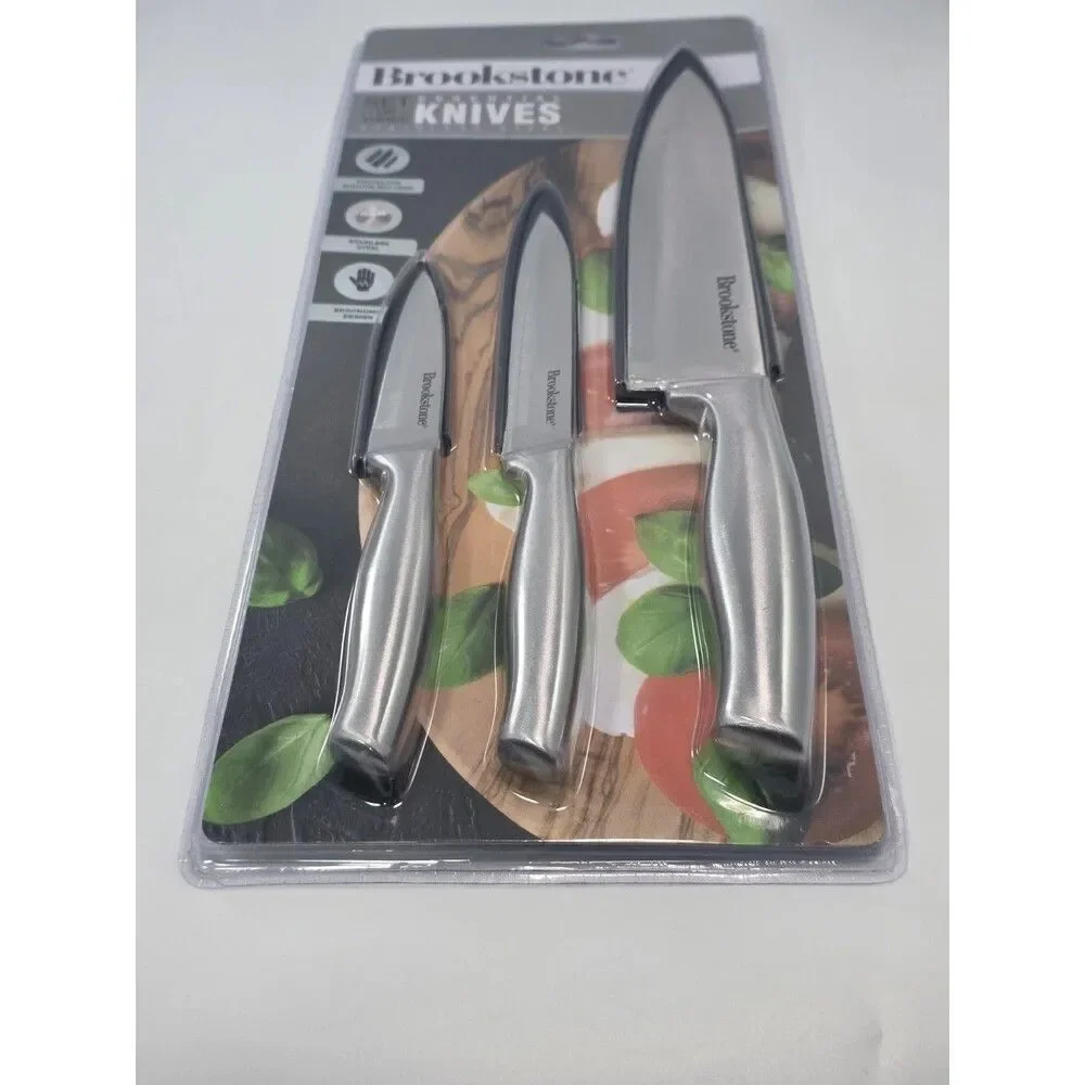 Brookstone 3 Piece Essential Knife Set Stainless Steel W/ Sheaths Ergonomic New